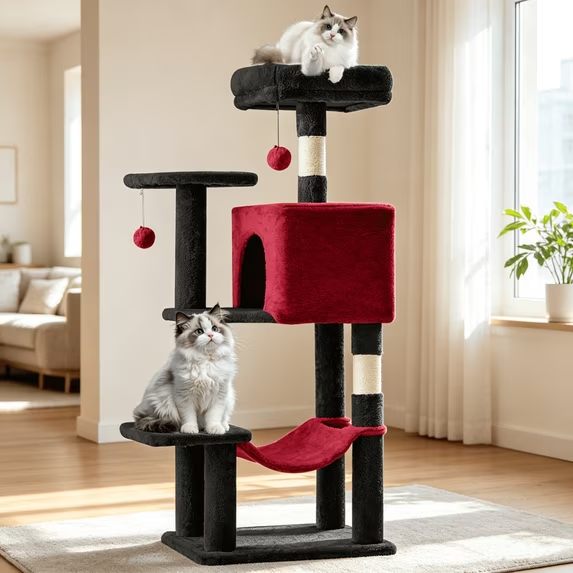SHOUFTW Multi Level Halloween Cat Tree Tower, Cat Scratching Post with Large Top Perch & Hammock, Green&Red Cat Activity Tower for Kittens Cats