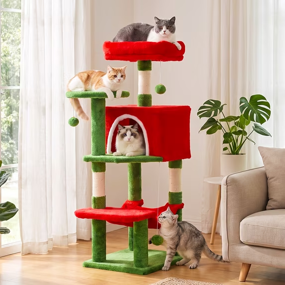 SHOUFTW Multi Level Halloween Cat Tree Tower, Cat Scratching Post with Large Top Perch & Hammock, Green&Red Cat Activity Tower for Kittens Cats