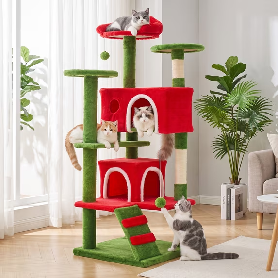 SHOUFTW Multi Level Halloween Cat Tree Tower, Cat Scratching Post with Large Top Perch & Hammock, Green&Red Cat Activity Tower for Kittens Cats