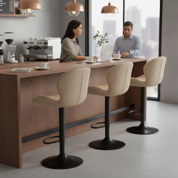Set of 2 Swivel Bar Stools - Adjustable Height Modern Fabric Upholstered Barstools Counter Bar Chairs with Backrest for Kitchen Island & Home Bar, Beige
