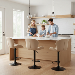 Set of 2 Swivel Bar Stools - Adjustable Height Modern Fabric Upholstered Barstools Counter Bar Chairs with Backrest for Kitchen Island & Home Bar, Beige