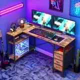 L Shaped Computer Desk with 3 Drawers, Power Outlets, USB Ports, and Monitor Stand, Corner Gaming Desk for Home Office