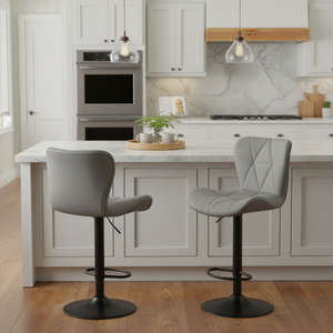 Set of 2 Swivel Bar Stools - Adjustable Height Modern Faux Leather Barstools Counter Bar Chairs with Backrest for Kitchen Island & Home Bar, Gray