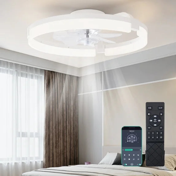 CONCETTA Low Profile Ceiling Fan with Light, 19in Flush Mount Bladeless Fan, Dimmable LED with App & Remote Control, Reversible Quiet Fan for Bedroom