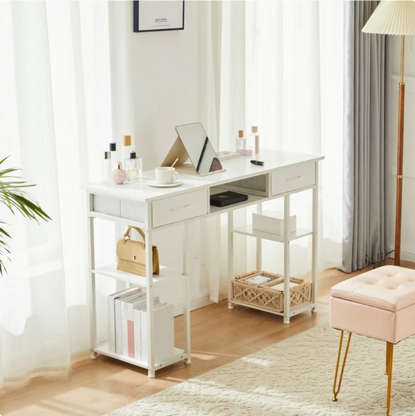 Small Desk with Fabric Drawers and Storage Shelves, 32 inch for Adult, Black