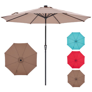 SHOUFTW 10FT Outdoor Patio Umbrella with Solar LED Lights, Push-Button Tilt Market Umbrella, Weather-Resistant 8-Rib Sun Shade for Patio, Garden, Backyard, Deck or Poolside