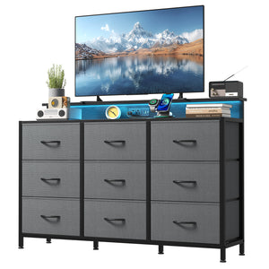 CONCETTA 47-inch TV Stand with RGB LED Lights & UL-Certified Charging Station for Families, 9 Fabric Drawers, Fits up to 55-inch TVs