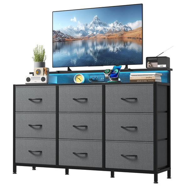 CONCETTA 47-inch TV Stand with RGB LED Lights & UL-Certified Charging Station for Families, 9 Fabric Drawers, Fits up to 55-inch TVs