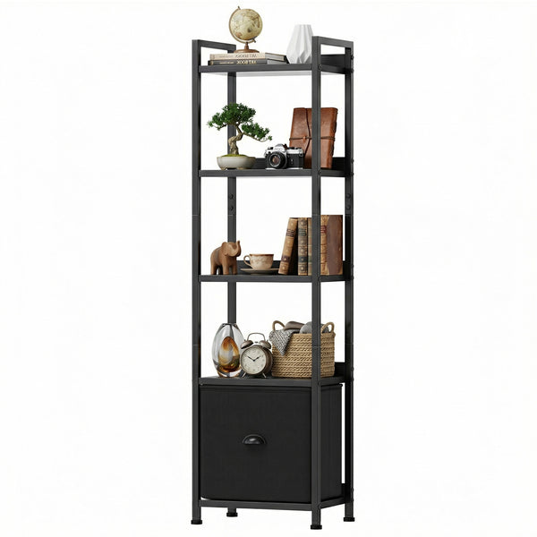 CONCETTA  Bookshelf with Drawer, Tall Narrow Bookcase with Shelves, Wood and Metal Storage Organizer for Bedroom, Living Room