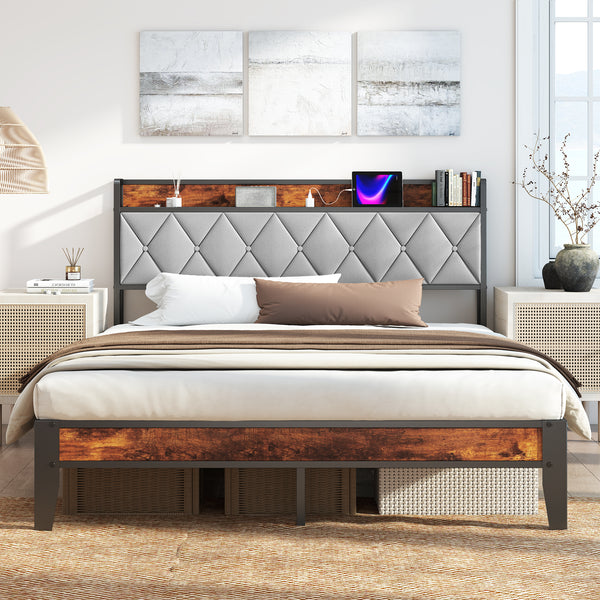CONCETTA Full Size Heavy Duty Metal Bed Frame, Storage Headboard with Charging Station, Noise Free, No Spring Box Required, 880lbs Capacity