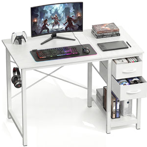 CONCETTA Small Computer Desk with Storage Shelf, 40 or 47 Inch Writing Work Study Computer Desk for Home Office Bedroom, 2-Tier Drawers, Side Headphone Hook, Modern Style for Home Bedroom