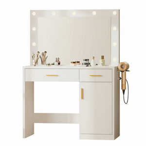CONCETTA Vanity Desk with Mirror and Lights, Makeup Vanity Table with Hair Dryer & Power Outlet, 2-Drawer Dressing Table for Bedroom,White