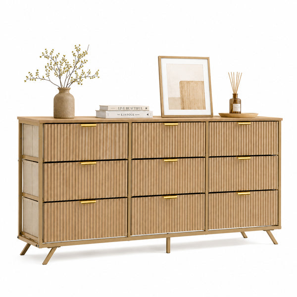 CONCETTA Modern Fluted Fabric Dresser, Wide Chest of Drawers with 9 Drawers for Bedroom Living Room Hallway
