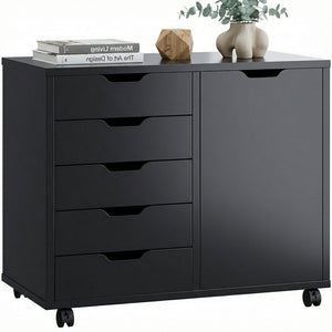 CONCETTA 5-Drawer Wood Storage Cabinet for Office & Home, Mobile Lateral Filing Cabinet, Printer Stand Cabinet with Adjustable Shelf, Wheels with Breaker