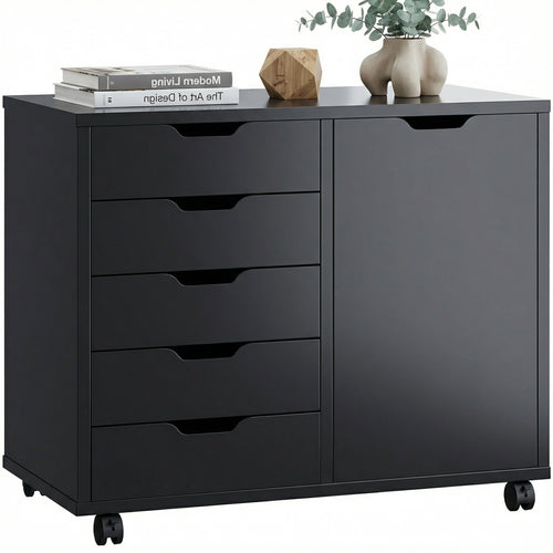 CONCETTA 5-Drawer Wood Storage Cabinet for Office & Home, Mobile Lateral Filing Cabinet, Printer Stand Cabinet with Adjustable Shelf, Wheels with Breaker
