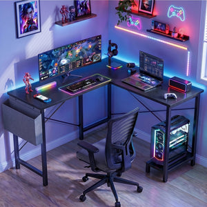 CONCETTA 49 Inch Modern L Shaped Computer Desk with Lower Storage Shelf & Side Bag, Two-Way Convertible Corner Gaming Table for Home Office