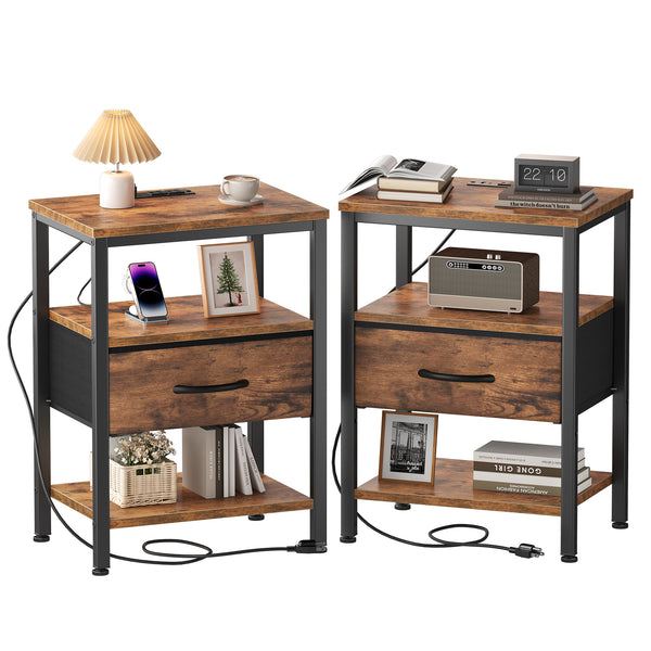 CONCETTA Small Night Stand with Charging Station, 1 Fabric Drawer, USB Ports and Outlets, Open Storage Shelf Bedside End Table for Bedroom, Black，Black Brown,Rustic Brown，White