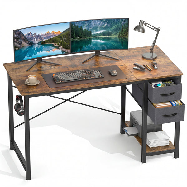 CONCETTA Small Computer Desk with Storage Shelf, 40 or 47 Inch Writing Work Study Computer Desk for Home Office Bedroom, 2-Tier Drawers, Side Headphone Hook, Modern Style for Home Bedroom