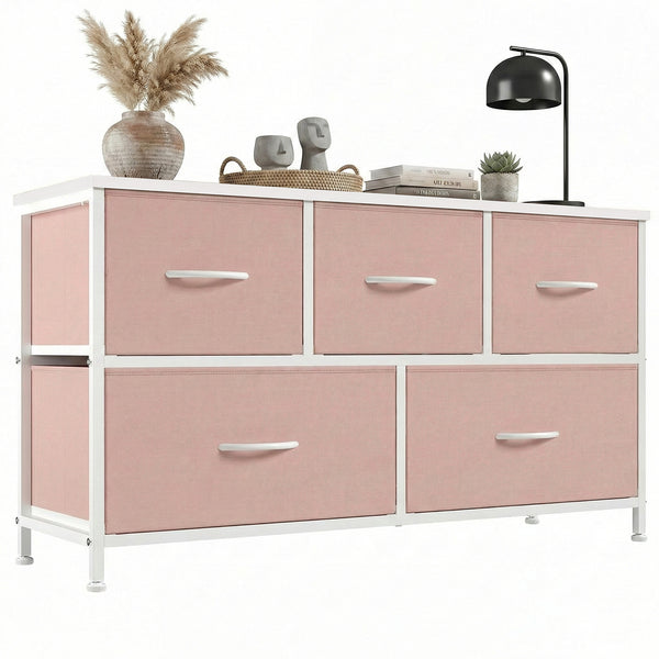 CONCETTA 5 Fabric Dresser with 5 Storage Drawers, TV Stand with Wooden Top Metal Frame for Clothes, Living Room, Hallway, Entryway