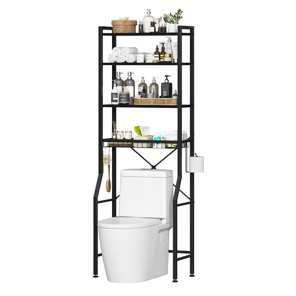 CONCETTA 4-Tier Over The Toilet Bathroom Storage Rack, Adjustable Space Saver Organizer with Shelves, Basket & Hooks
