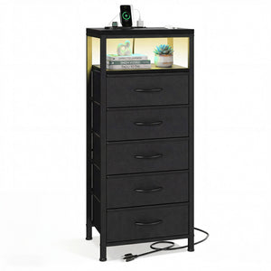 Fabric Drawers Nightstand with Charging Station, Bedside End Table with Power Outlet & USB/Type-C Ports, Iron Frame Structure, Adjustable Feet and Variable Light Strip for Bedroom