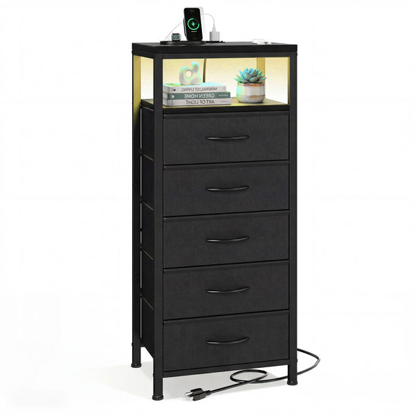 Fabric Drawers Nightstand with Charging Station, Bedside End Table with Power Outlet & USB/Type-C Ports, Iron Frame Structure, Adjustable Feet and Variable Light Strip for Bedroom