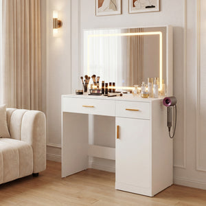 CONCETTA Vanity Desk with Mirror and Lights, Makeup Vanity Table with Hair Dryer & Power Outlet, Dressing Table for Bedroom