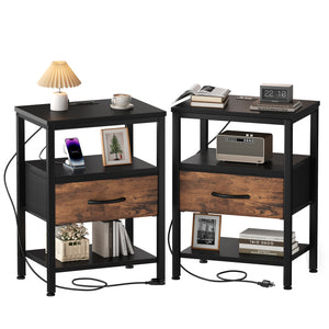 CONCETTA Small Night Stand with Charging Station, 1 Fabric Drawer, USB Ports and Outlets, Open Storage Shelf Bedside End Table for Bedroom, Black，Black Brown,Rustic Brown，White