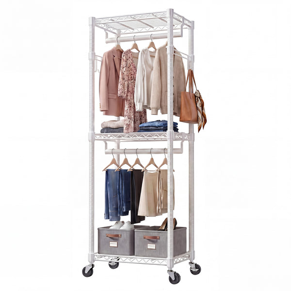 CONCETTA Rolling Clothes Rack, Adjustable Metal Shelves, Heavy Duty Clothes Rack with Side Hooks for Household, Laundry Room