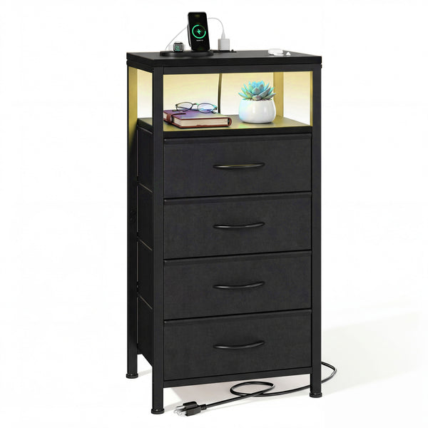 Fabric Drawers Nightstand with Charging Station, Bedside End Table with Power Outlet & USB/Type-C Ports, Iron Frame Structure, Adjustable Feet and Variable Light Strip for Bedroom