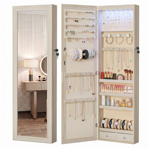 CONCETTA 47" Full-Length Mirror Jewelry Cabinet with Auto LED Lights, Wall-Mounted or Door-Hanging Organizer