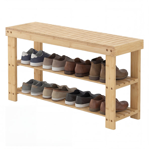 CONCETTA Bamboo Shoe Rack & Bench, 3-Tier 280 lb Capacity Storage Organizer for Entryway, Living Room, Balcony