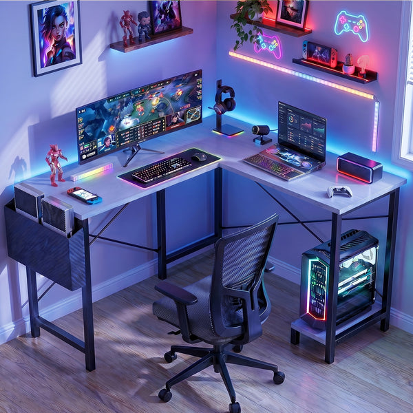 CONCETTA 49 Inch Modern L Shaped Computer Desk with Lower Storage Shelf & Side Bag, Two-Way Convertible Corner Gaming Table for Home Office