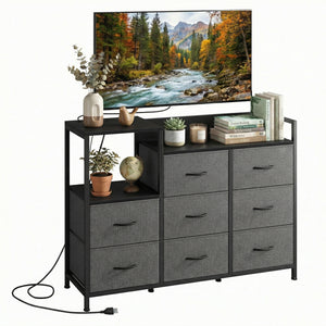 CONCETTA 8-Drawer Dresser TV Stand for Bedroom with Charging Station, Teen/Adult Fabric Storage with Open Shelves