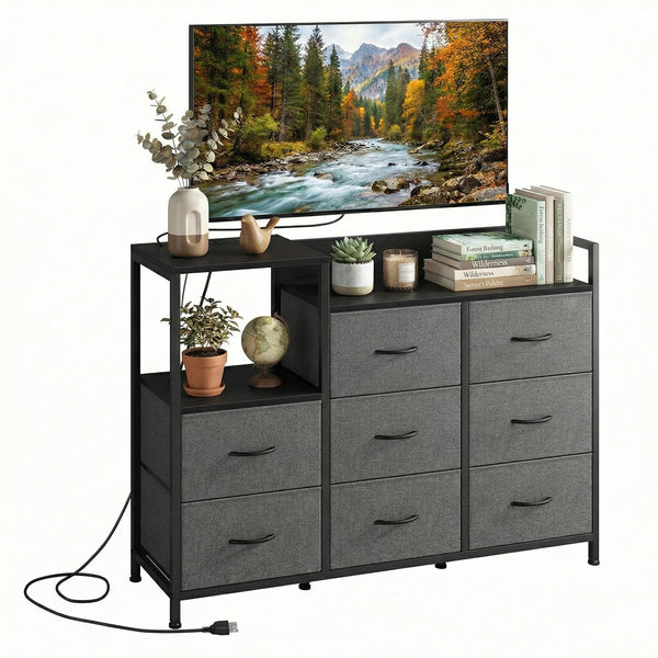 CONCETTA 8-Drawer Dresser TV Stand for Bedroom with Charging Station, Teen/Adult Fabric Storage with Open Shelves