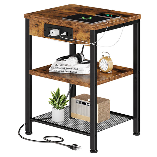 CONCETTA 3 Tier Nightstand with Charging Station, Bedside End Table for Bedroom Living Room