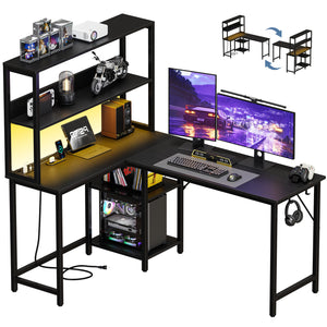 CONCETTA L Shaped Gaming Desk, Reversible Computer Desk with Power Outlets & LED Lignts, Gaming Table with Storage Shelves and Hooks for Bedroom Home Office