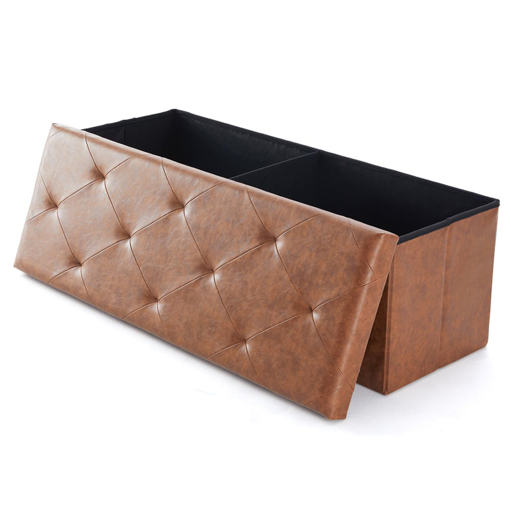 JOINSUN 43" Storage Ottoman – Foldable Faux Leather Stool with Storage, 660 lb Capacity, for Bedroom, Living Room, Entryway, Brown
