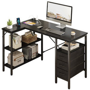 47"L Shaped Computer Desk with 3 Drawers, Power Outlets, USB Ports, and Monitor Stand, Corner Gaming Desk for Home Office