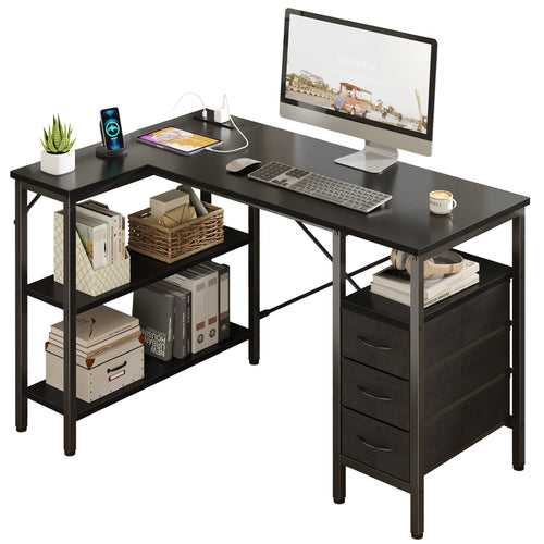 47"L Shaped Computer Desk with 3 Drawers, Power Outlets, USB Ports, and Monitor Stand, Corner Gaming Desk for Home Office