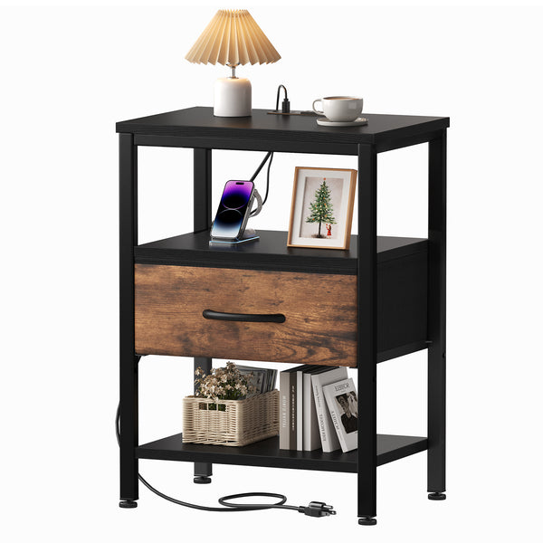 CONCETTA Small Night Stand with Charging Station, 1 Fabric Drawer, USB Ports and Outlets, Open Storage Shelf Bedside End Table for Bedroom, Black，Black Brown,Rustic Brown，White