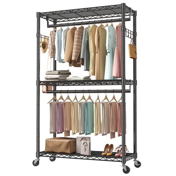 CONCETTA Rolling Clothes Rack, Adjustable Metal Shelves, Heavy Duty Clothes Rack with Side Hooks for Household, Laundry Room