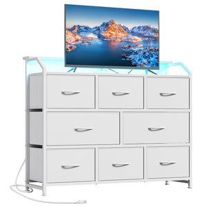 CONCETTA LED TV Stand Dresser, Fits TVs up to 45 Inches, LED Lights & Power Outlet, 8 Fabric Drawers Storage for Bedroom Living Room