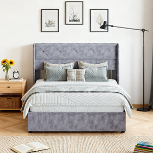 CONCETTA Metal full-size lift storage bed, modern wing-style headboard, velvet soft cushions, hydraulic support, no need for spring box, gray