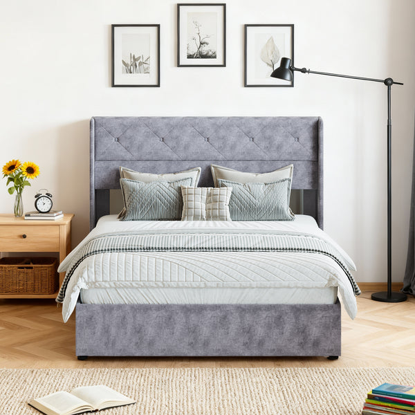 CONCETTA Metal full-size lift storage bed, modern wing-style headboard, velvet soft cushions, hydraulic support, no need for spring box, gray