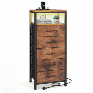 Fabric Drawers Nightstand with Charging Station, Bedside End Table with Power Outlet & USB/Type-C Ports, Iron Frame Structure, Adjustable Feet and Variable Light Strip for Bedroom