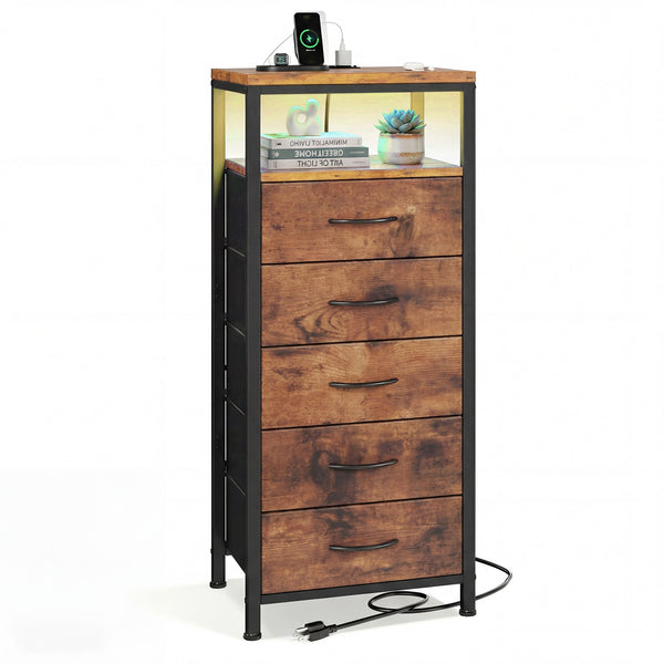 Fabric Drawers Nightstand with Charging Station, Bedside End Table with Power Outlet & USB/Type-C Ports, Iron Frame Structure, Adjustable Feet and Variable Light Strip for Bedroom