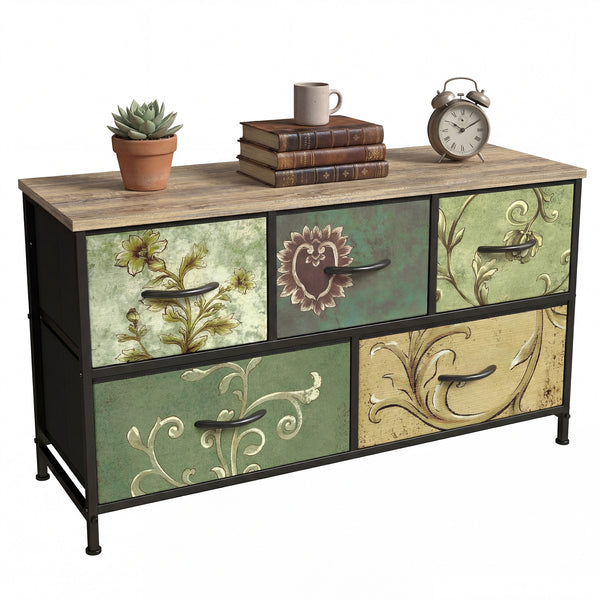 CONCETTA 5 Fabric Dresser with 5 Storage Drawers, TV Stand with Wooden Top Metal Frame for Clothes, Living Room, Hallway, Entryway