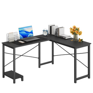 CONCETTA L Shaped Computer Desk with Reversible Storage Shelves, Corner Gaming Desk with PC Stand, Home Office Writing Study Table, Sturdy Metal Frame