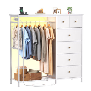CONCETTA Dresser for Bedroom with Hanging Rack 6 Drawers Dresser, LED Lights & Charging Station, Wooden Top, Grid Panel
